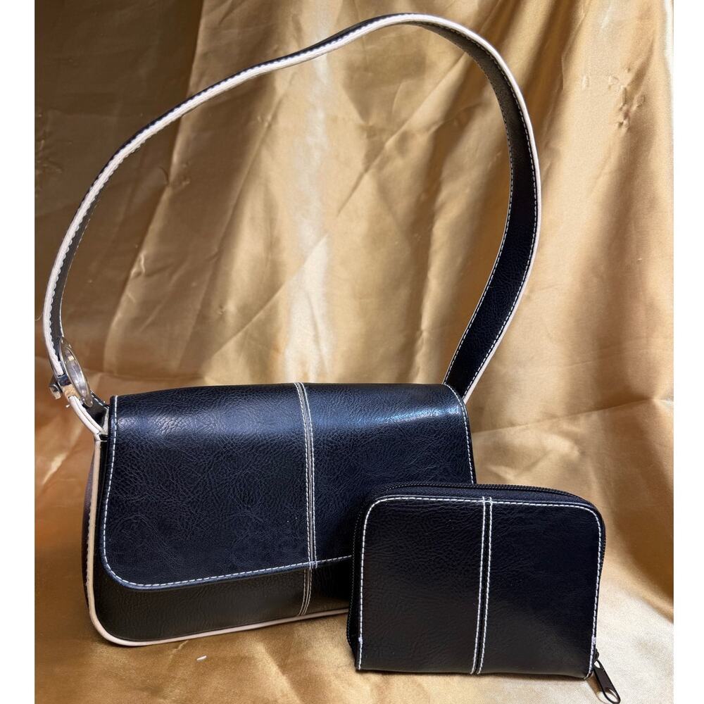Y2K Black Vinyl Mini Baguette Flap Bag w Matching Wallet Contrast Trim